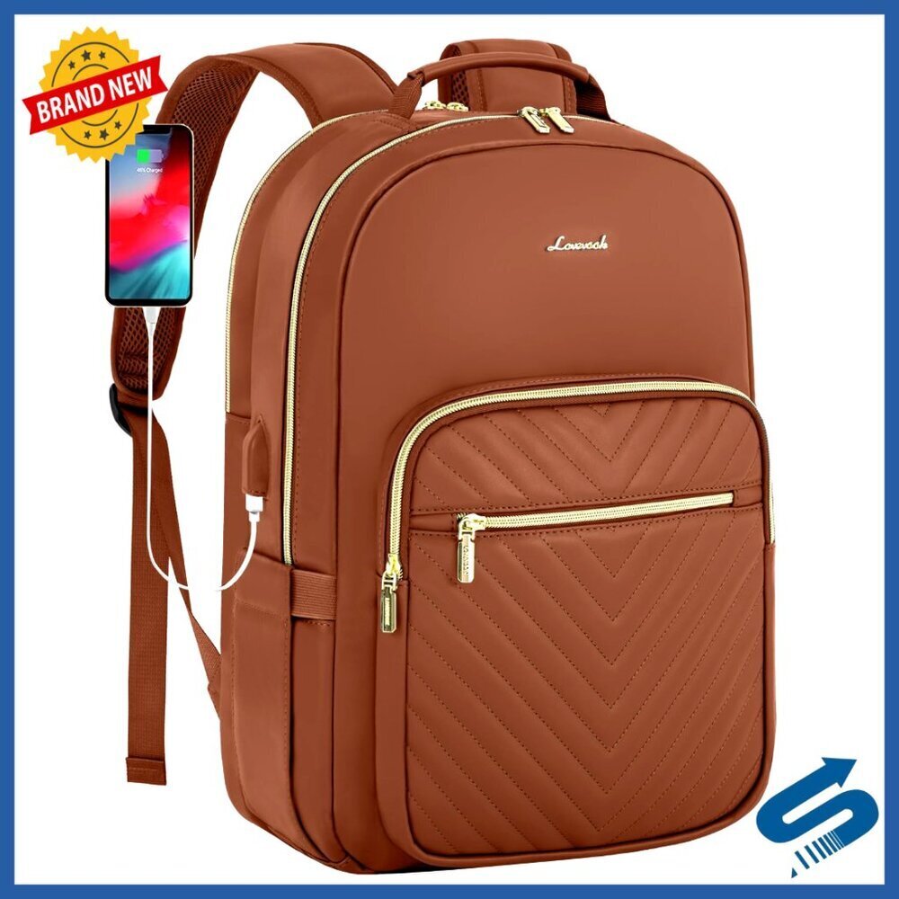 Leather Laptop Backpack Quilted Travel Work Bag USB Port Professional